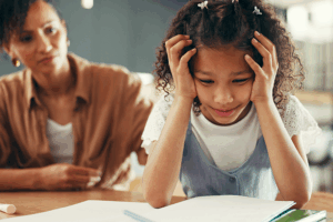 BrightWay Kids Girl with Auditory Processing Disorder Upset Concerned Mom in Background