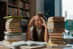 BrightWay Kids Girl with books and headache because of eye tracking issues