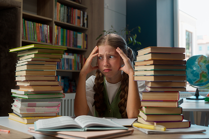 BrightWay Kids Girl with books and headache because of eye tracking issues