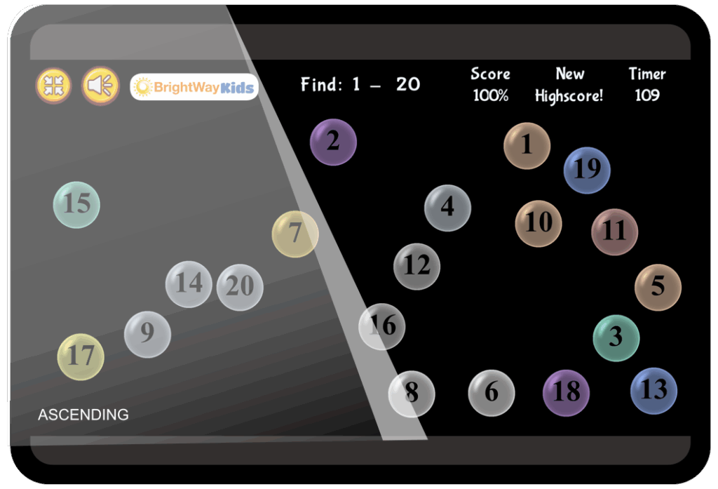BrightWay Kids digital game Saccadic Trainer (numerical sequencing) for Dyscalculia