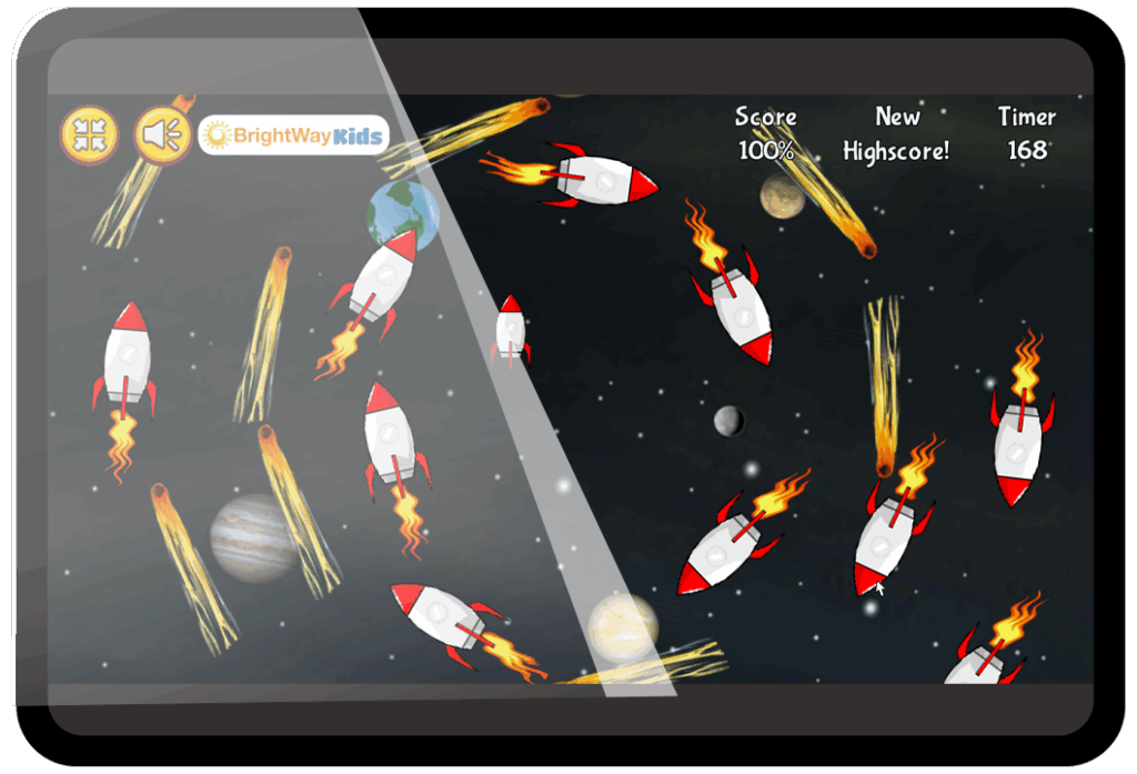 Screen shot of game 'Peripheral Skill Building' by BrightWay Kids. Builds rhyming, phonological awareness, central fixation skills.